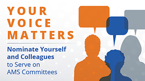 Your Voice Matters. Nominate yourself and colleagues to serve on AMS committees. Image: graphics of people with speech bubbles